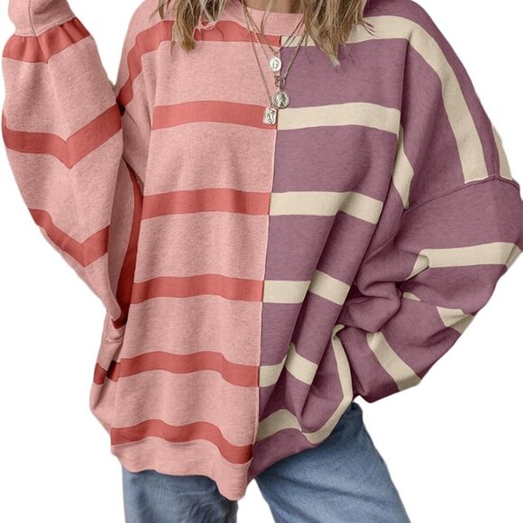 Womens Striped Sweaters Long Sleeve Cable Knitted Color Block Casual Loose Light - Picture 1 of 5